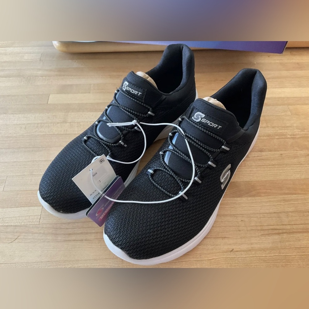 NEW Skechers S Sport Rummie Black Pull-On Fitness Sneaker Shoe Women's 7 M